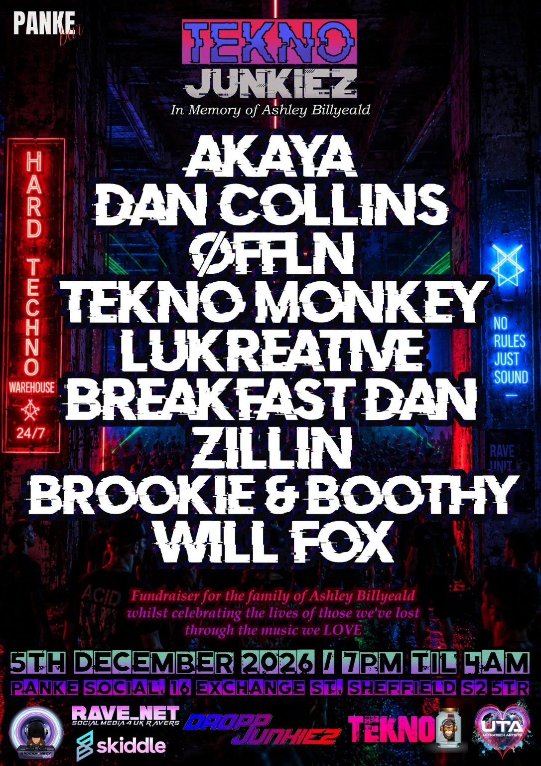 Tekno Junkiez — In Memory of Ashley Billyeald event poster at Panke Social
